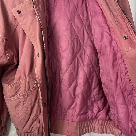 Maggie Lawrence pink leather zip/snap close fox fur trim bomber jacket Sz M PINK - Picture 10 of 13